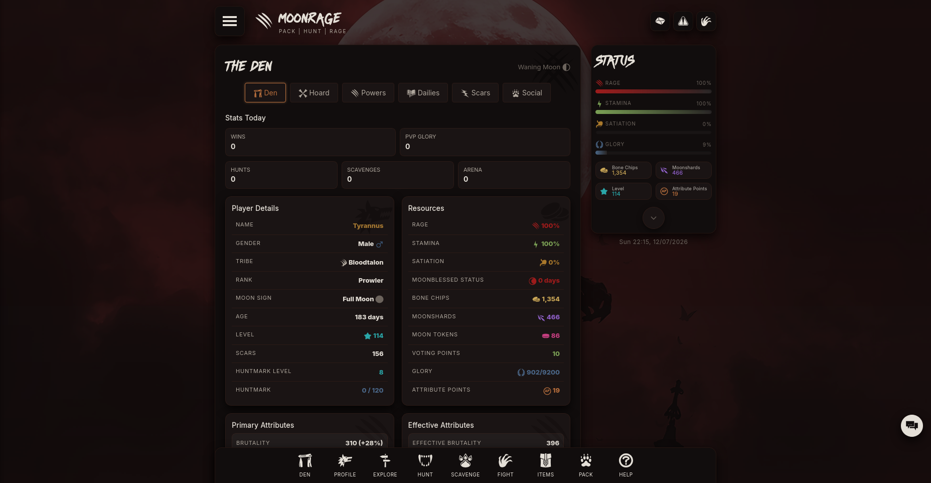 Moonrage den interface showing character resources, navigation, events, and daily activity