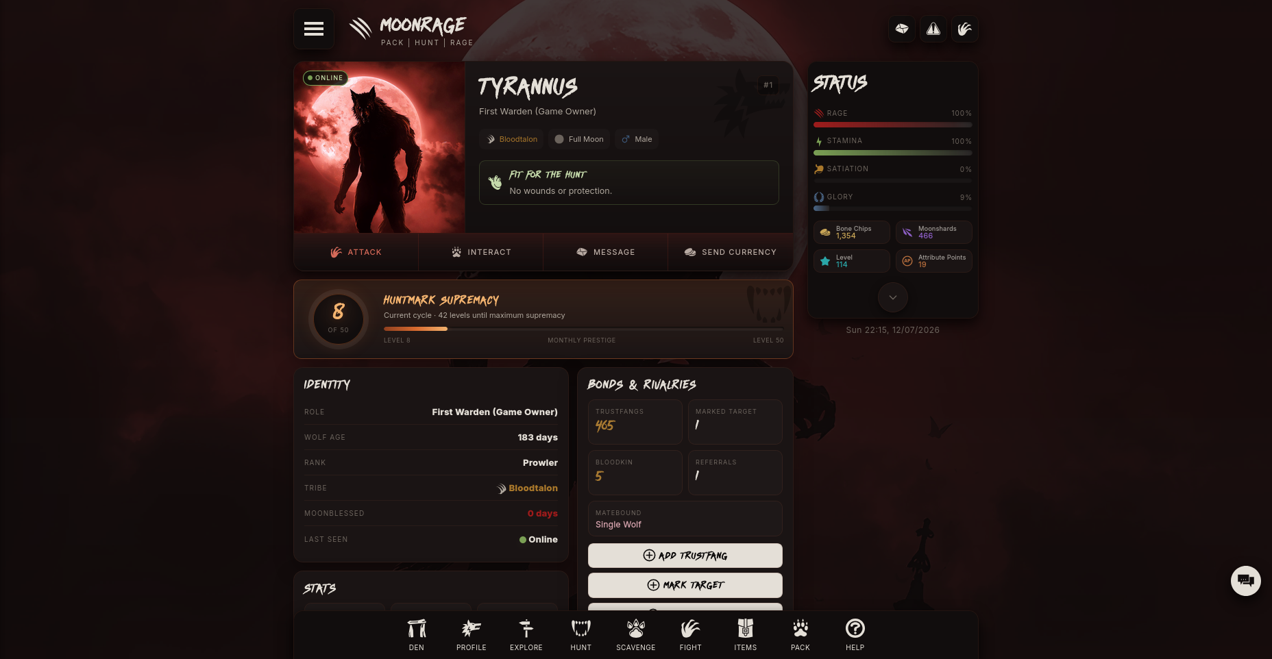 Moonrage player profile showing a werewolf portrait, statistics, tribe, rank, and relationships